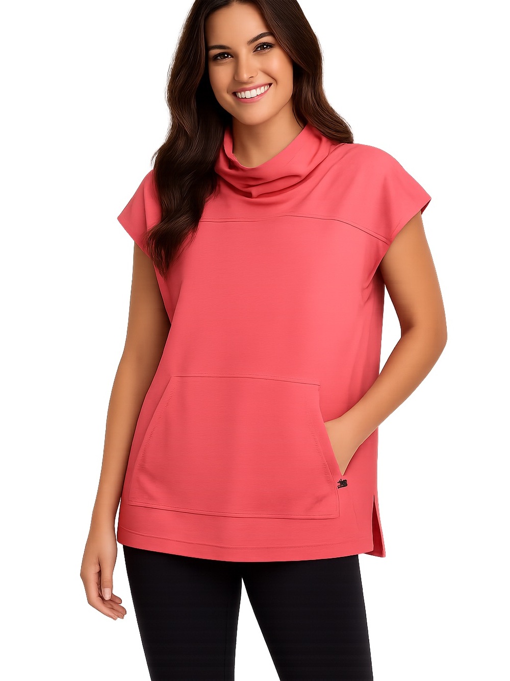 Talbots Coral Cowl Neck Tunic Top Medium Cap Sleeve Kangaroo Pocket